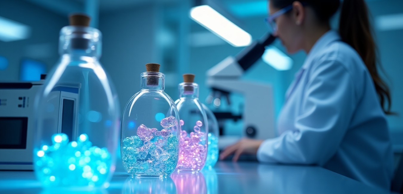 Nowoczesne laboratorium z zaawansowanym sprzętem do nanotechnologii i naczyniami zawierającymi opalizującą nanoformulację leku.